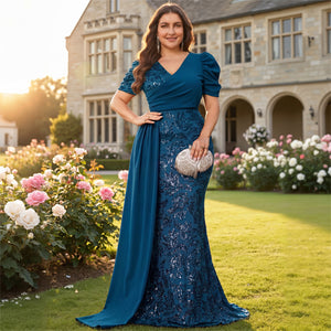 teal satin sequin mermaid gown for women full length on model