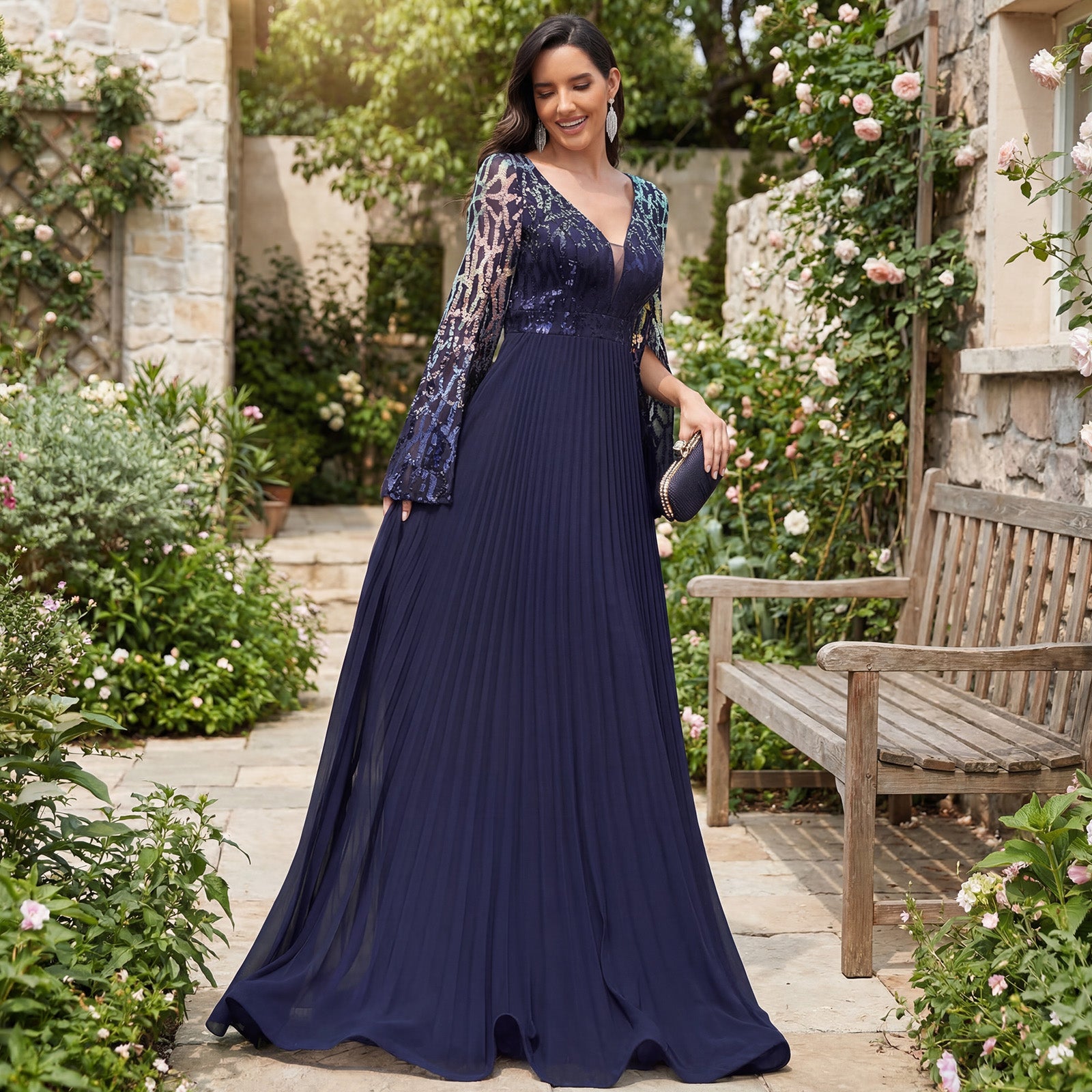 Navy Blue Sequin Cape Sleeve Formal Evening Dress in Garden