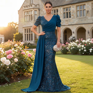 sequin mermaid gown worn outdoors for formal event