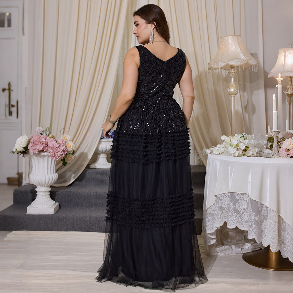 Plus size black sequin formal dress back view tiered tulle skirt