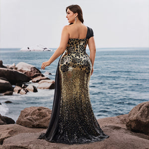 gold black sequin mermaid gown for women back view