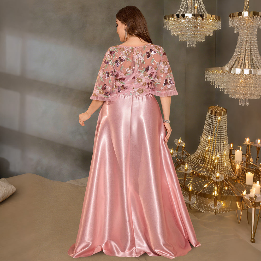 Blush Pink Floral Embroidered Mesh Plus Size Satin Long Evening Gown