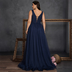 navy sequin a-line gown for women back view