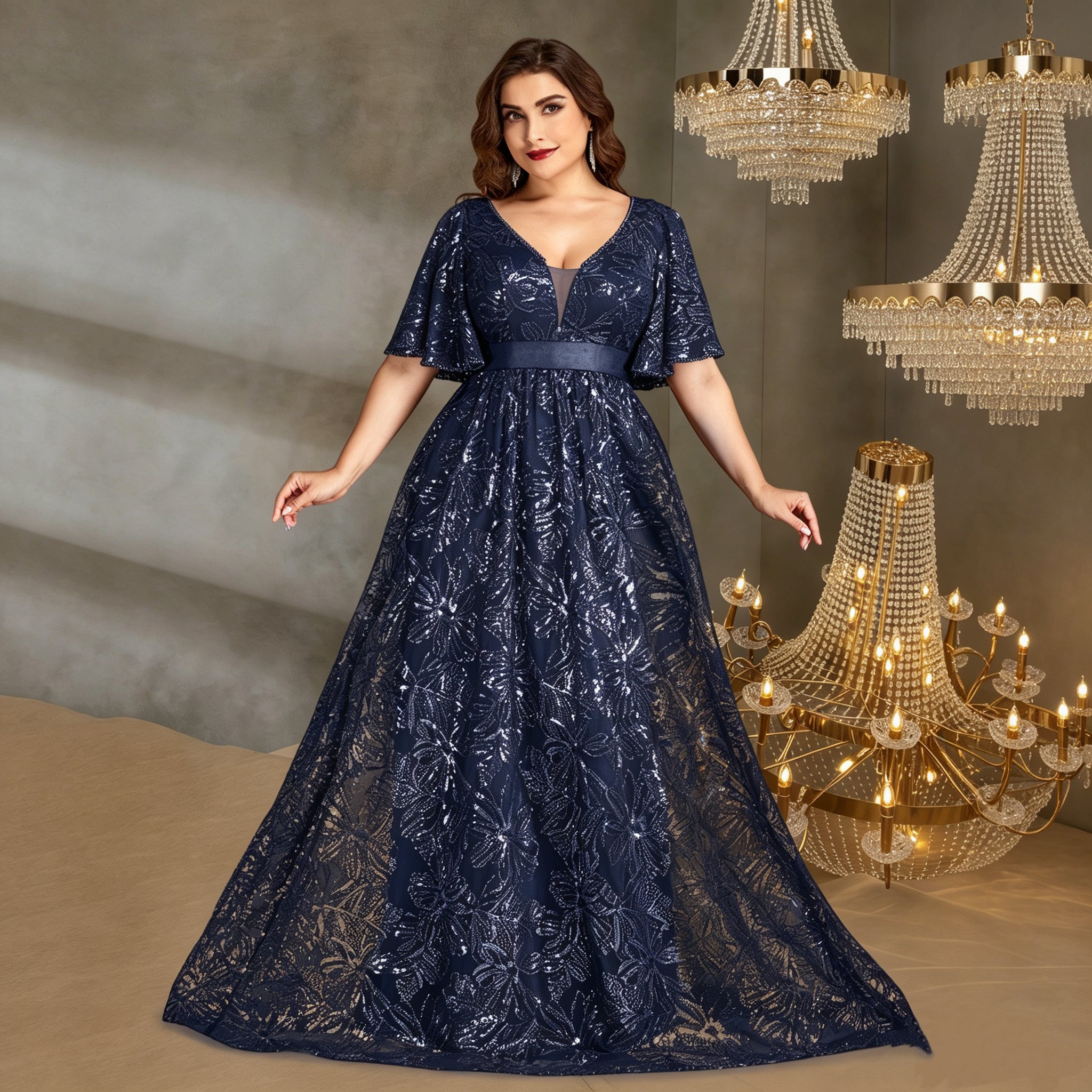 navy floral sequin gown for women full length on model