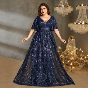 navy floral sequin gown for women full length on model