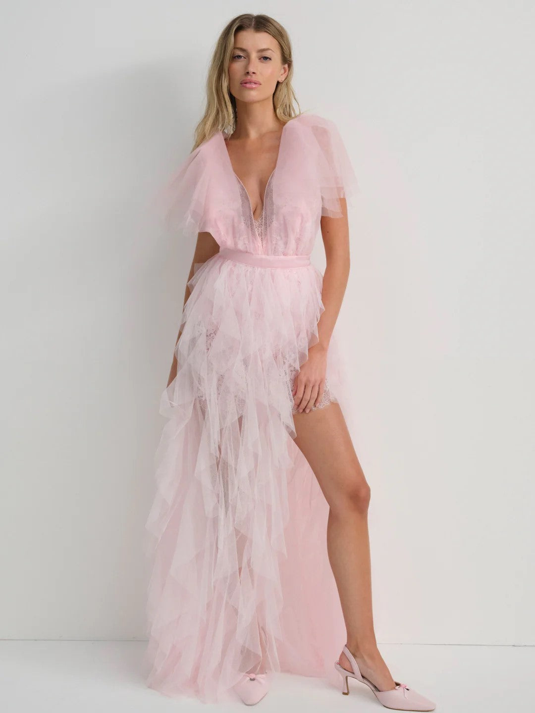 Deep V Tulle Maxi Dress — Feathered Ruffle Hem