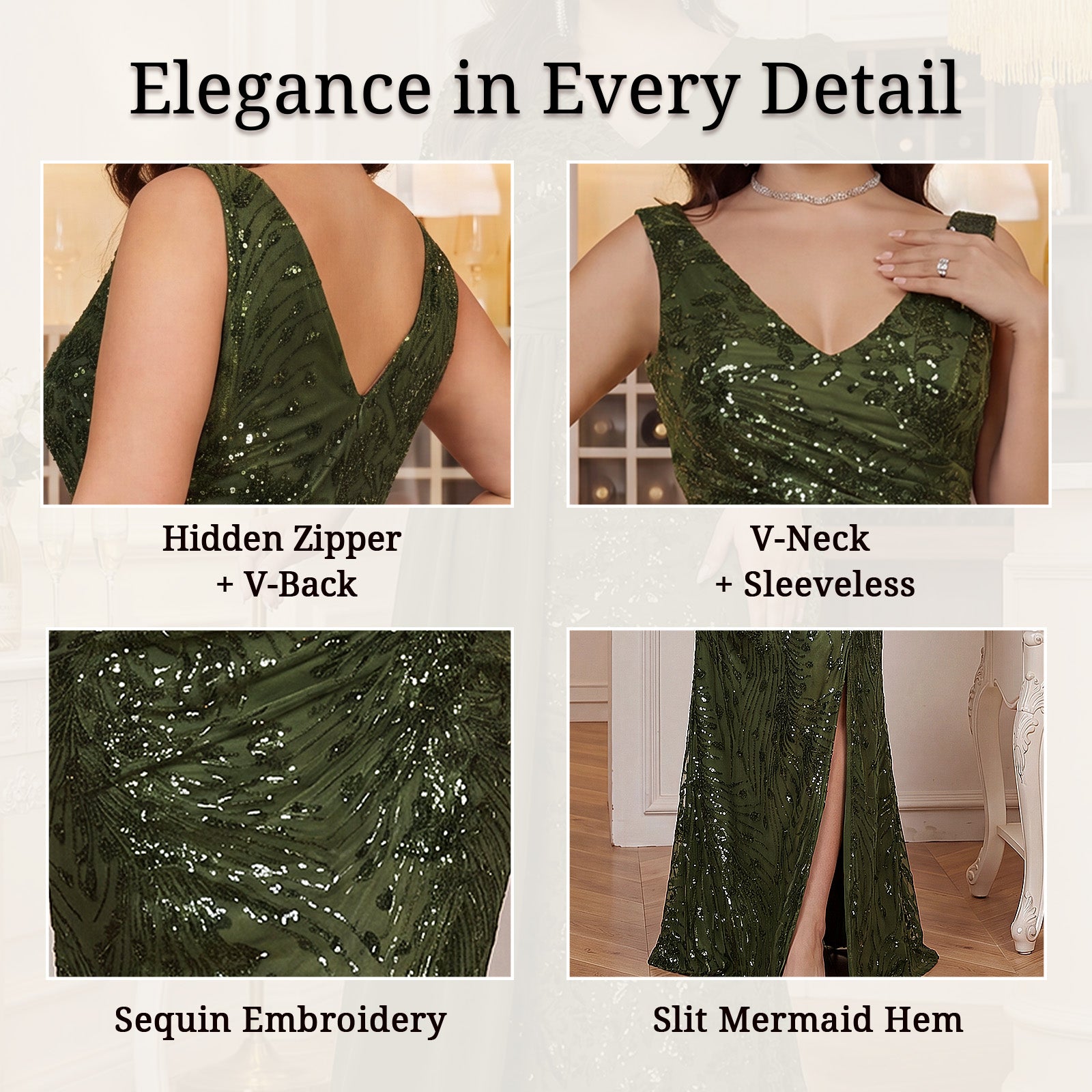 Emerald green mermaid dress fabric detail sequin bodice and slit

