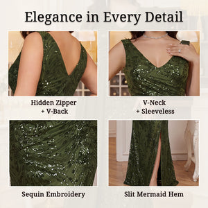 Emerald green mermaid dress fabric detail sequin bodice and slit
