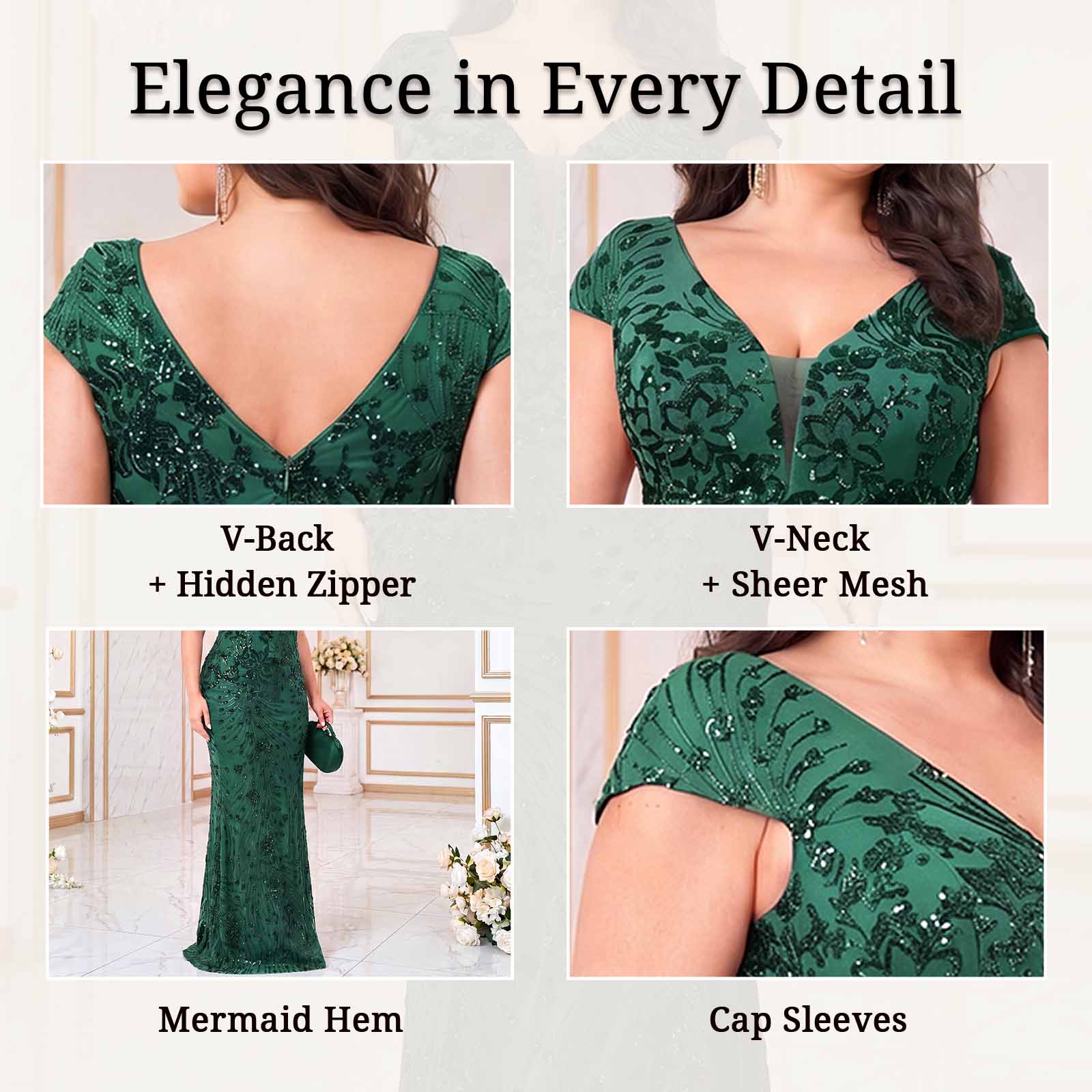 Detail shots of emerald green lace mermaid evening gown v‑neck cap sleeve back zipper