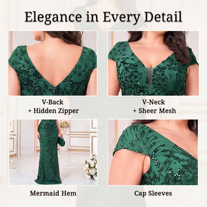 Detail shots of emerald green lace mermaid evening gown v‑neck cap sleeve back zipper