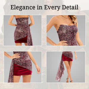 close-up of fabric craftsmanship & texture on leopard print strapless asymmetric mini dress