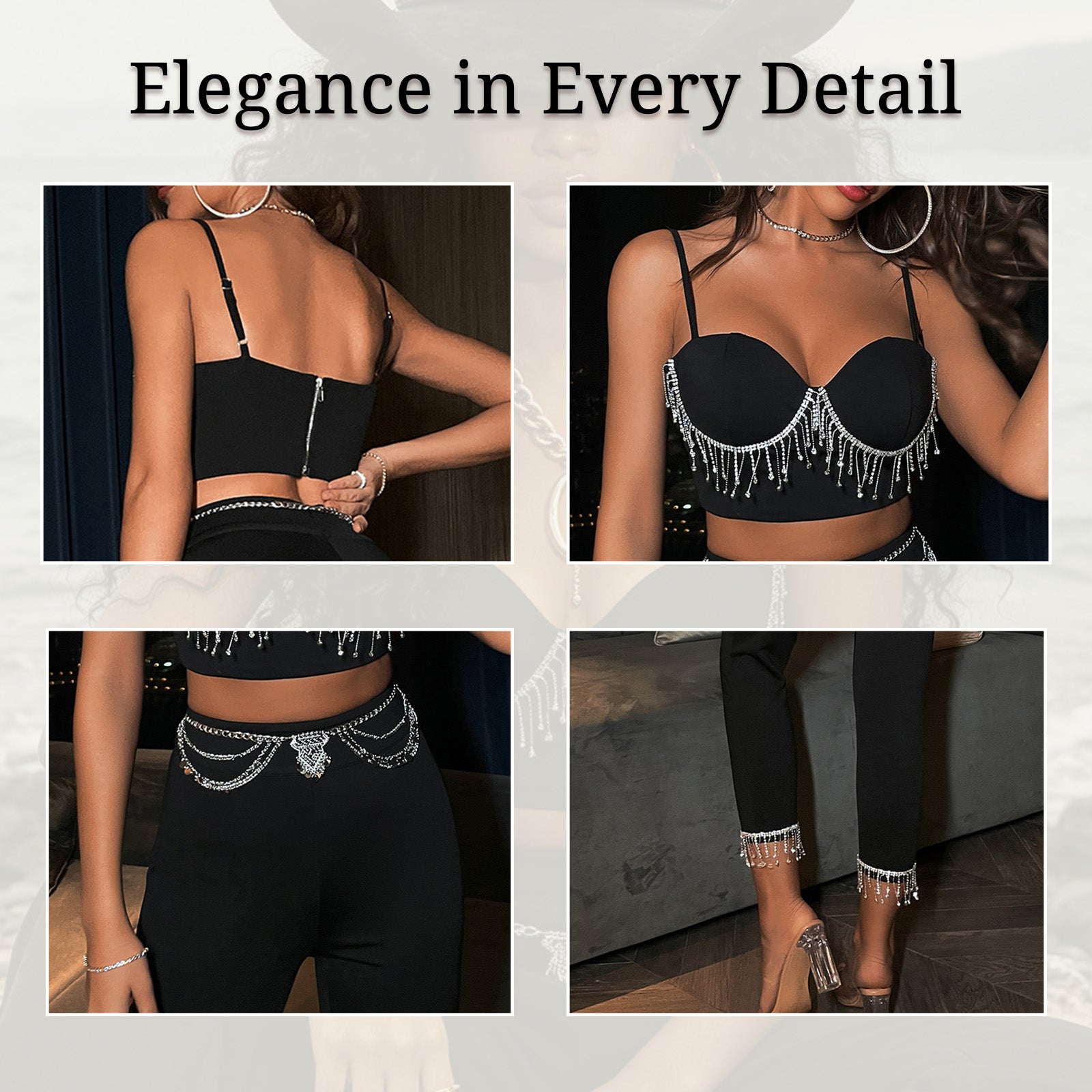 close-up of fabric craftsmanship & texture on black rhinestone fringe two-piece set
