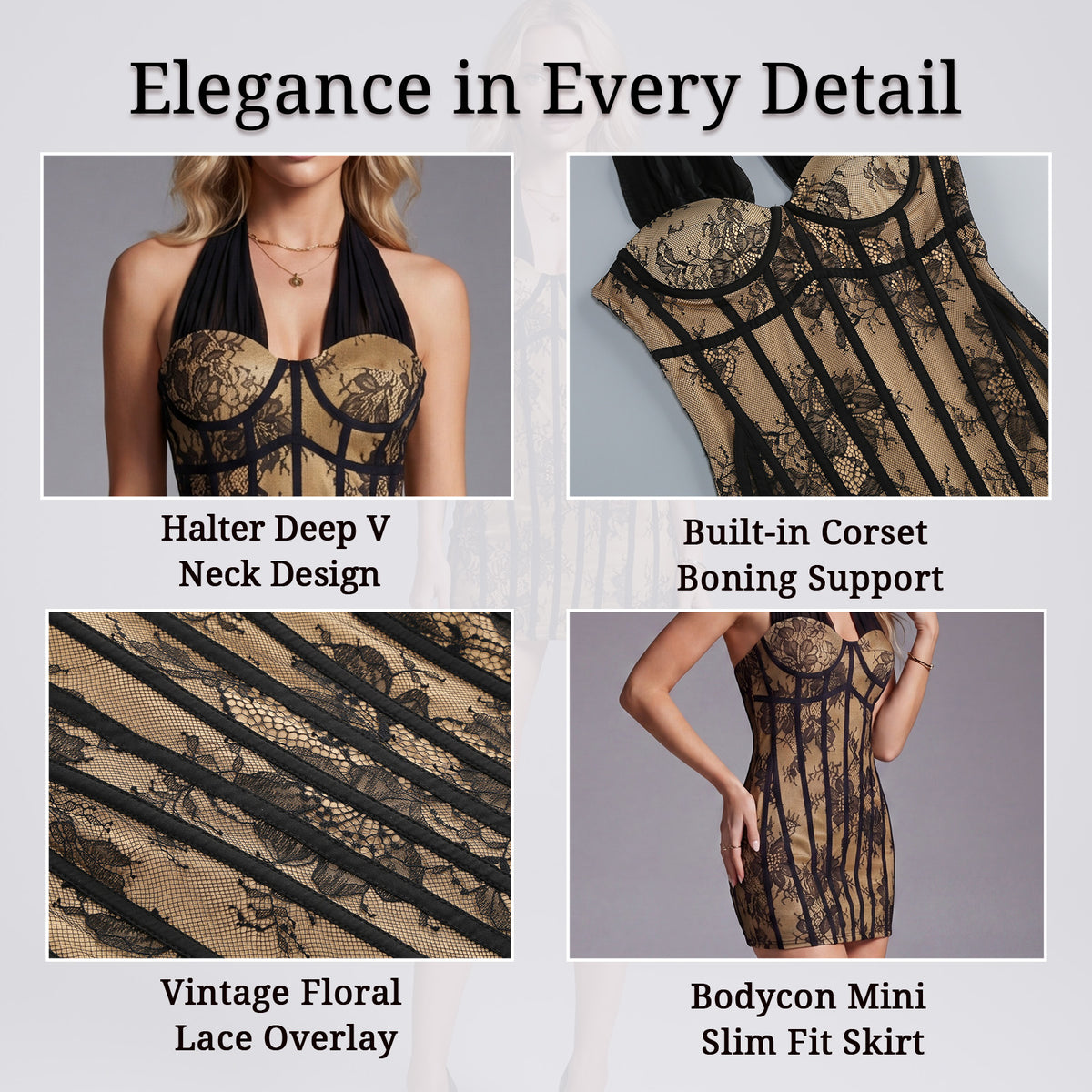 black lace halter short gown for women fabric and detail close-up