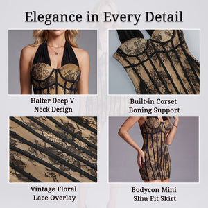 black lace halter short gown for women fabric and detail close-up