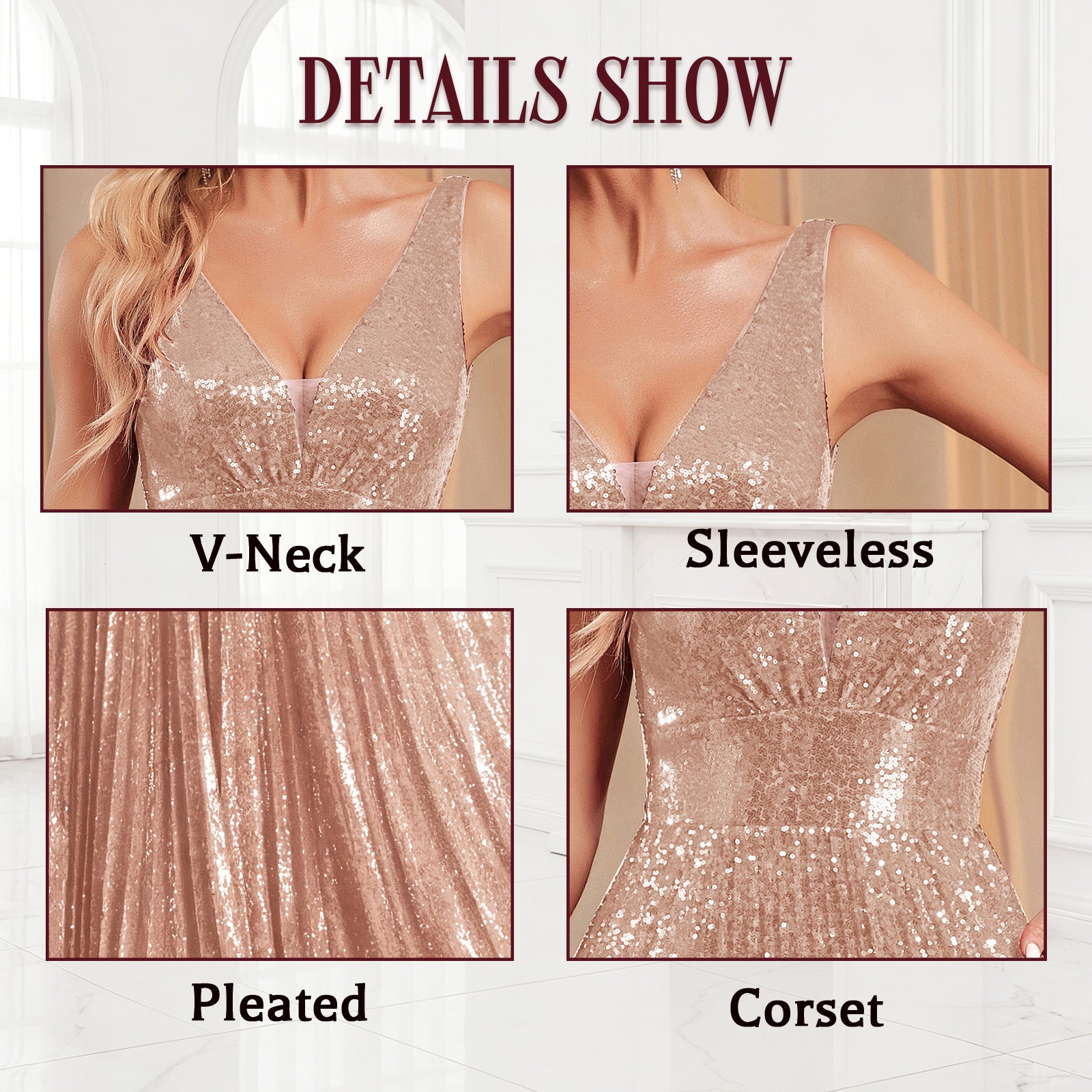 sequin v-neck v-back a-line maxi dress for women close-up - v neck neckline detail
