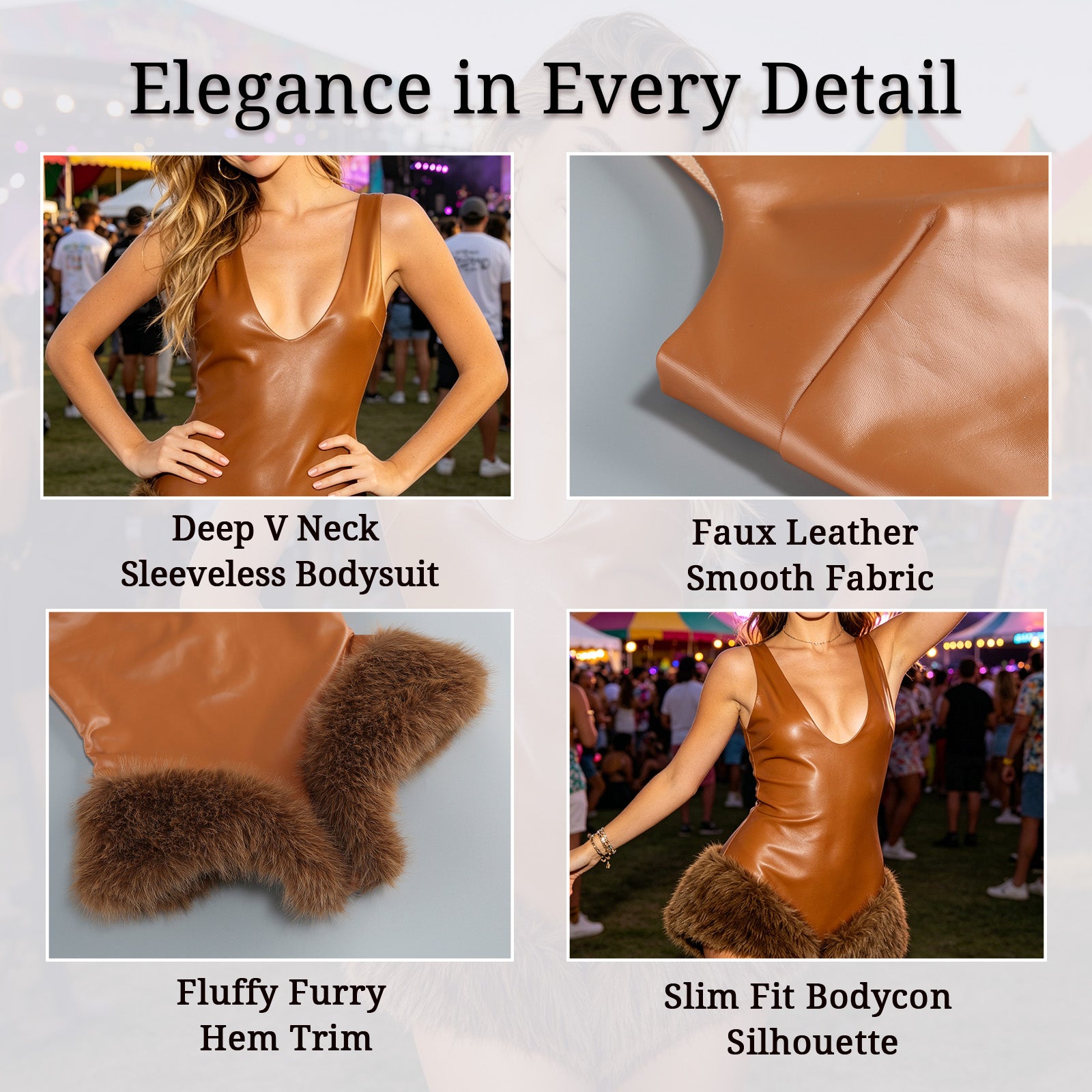 brown faux leather v-neck bodysuit for women close-up - v neck neckline detail