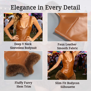 brown faux leather v-neck bodysuit for women close-up - v neck neckline detail