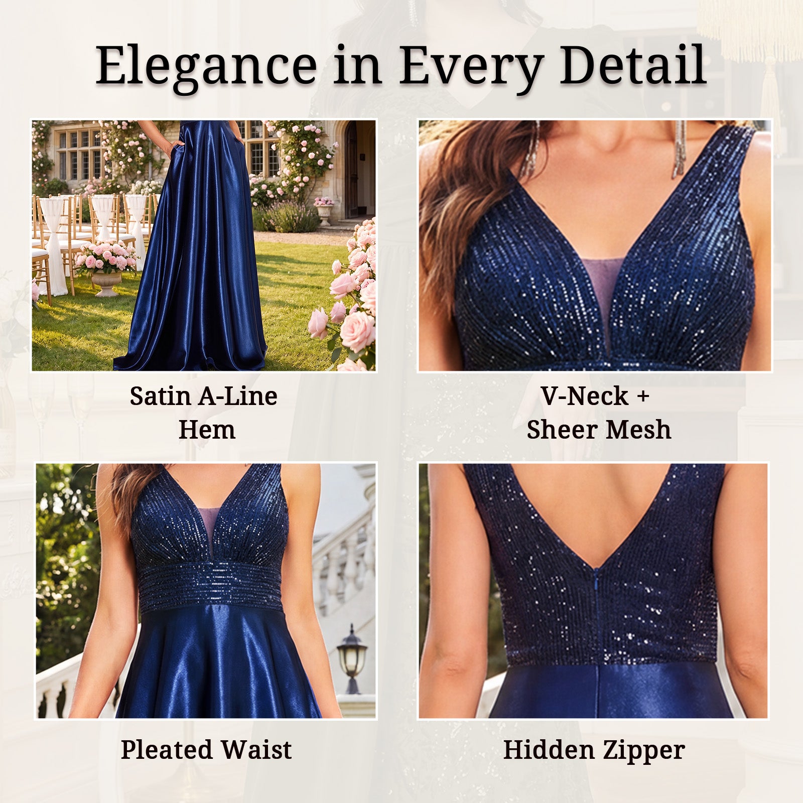 Product details of sequin V-neck bodice, pleated waistline, and hidden pockets