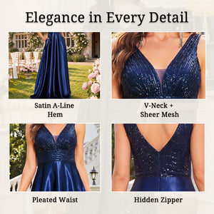 Product details of sequin V-neck bodice, pleated waistline, and hidden pockets