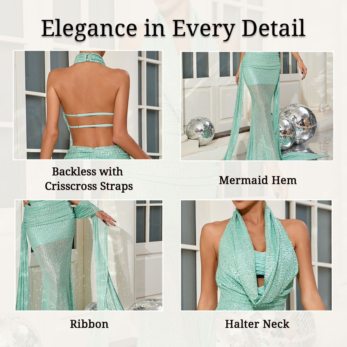 Halter Neck and Sheer Sequined Fabric Details