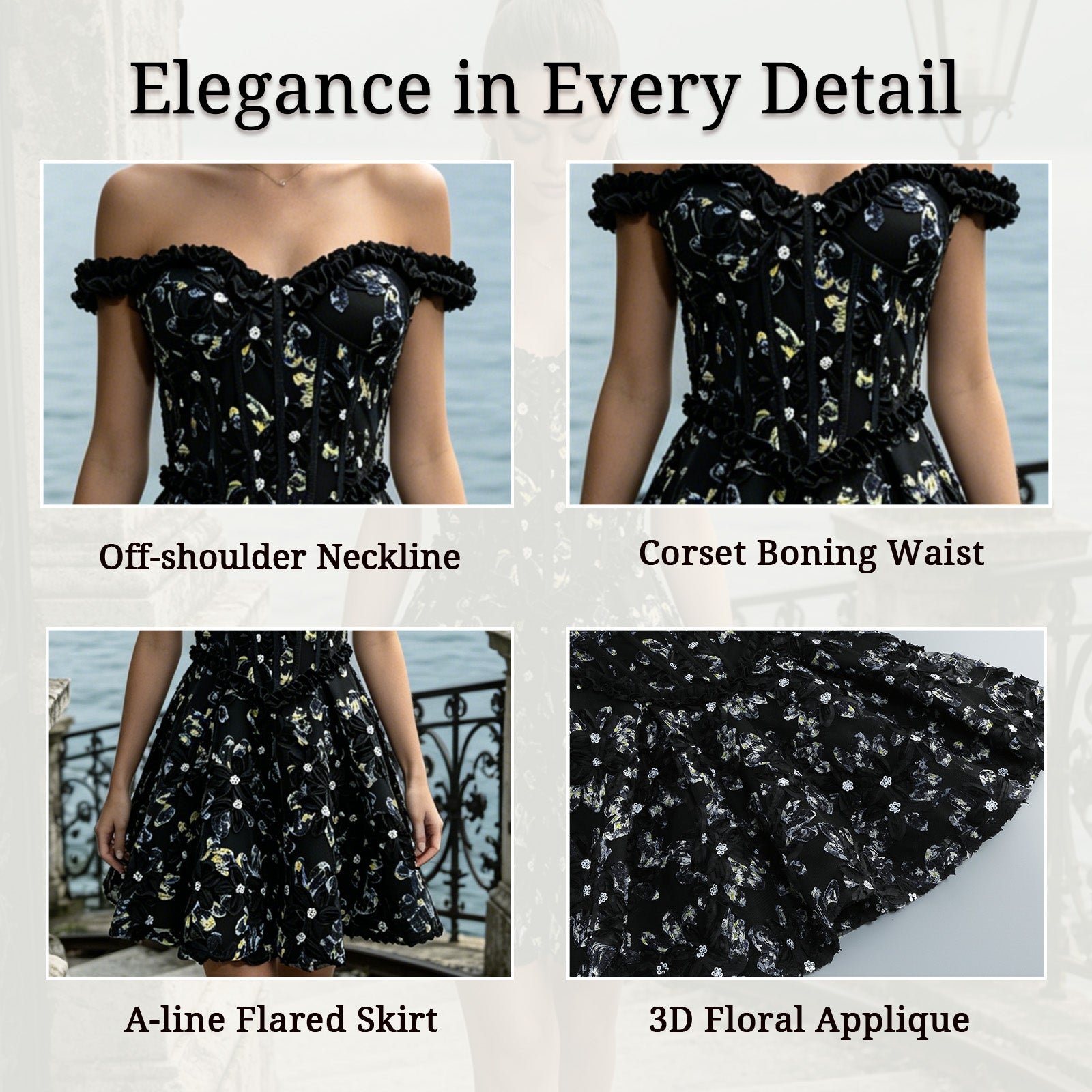 black off-shoulder 3d floral corset mini for women close-up - off shoulder neckline detail
