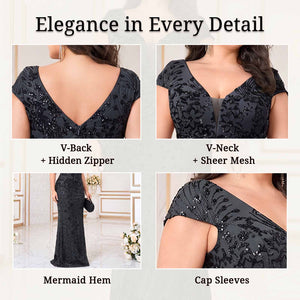 Details collage of BluePlum plus‑size black lace mermaid evening gown
