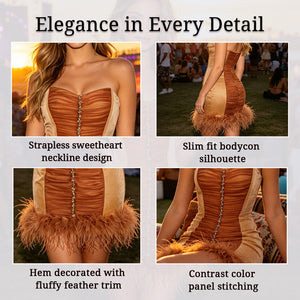 strapless velvet mini with feather hem for women fabric and detail close-up