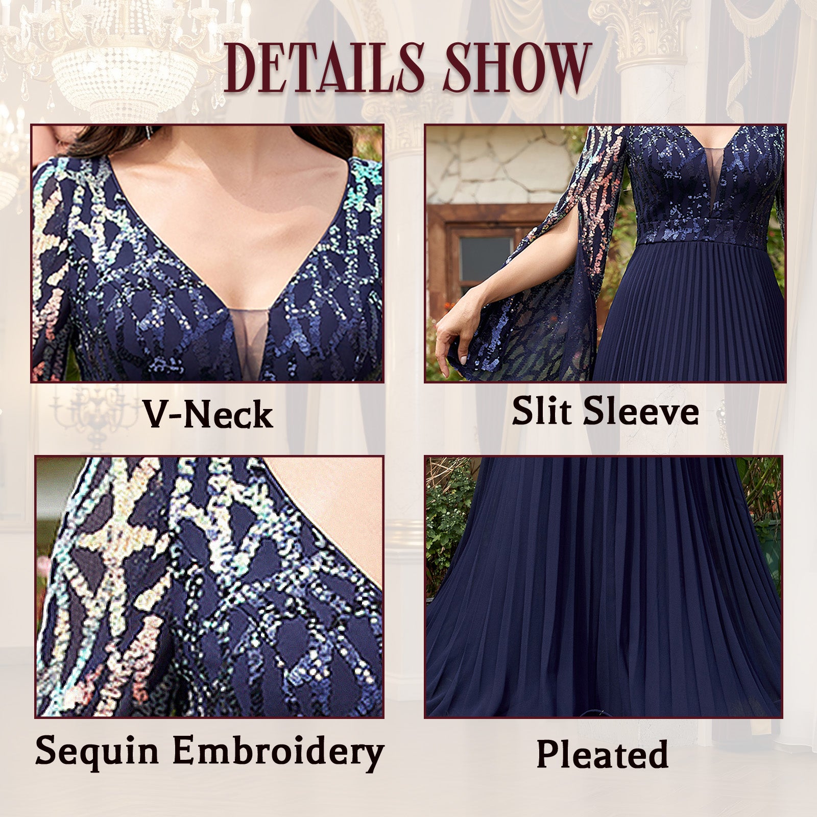 V-Neckline, Slit Cape Sleeves, Sequin Embroidery, and Pleated Hem Details