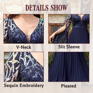 V-Neckline, Slit Cape Sleeves, Sequin Embroidery, and Pleated Hem Details