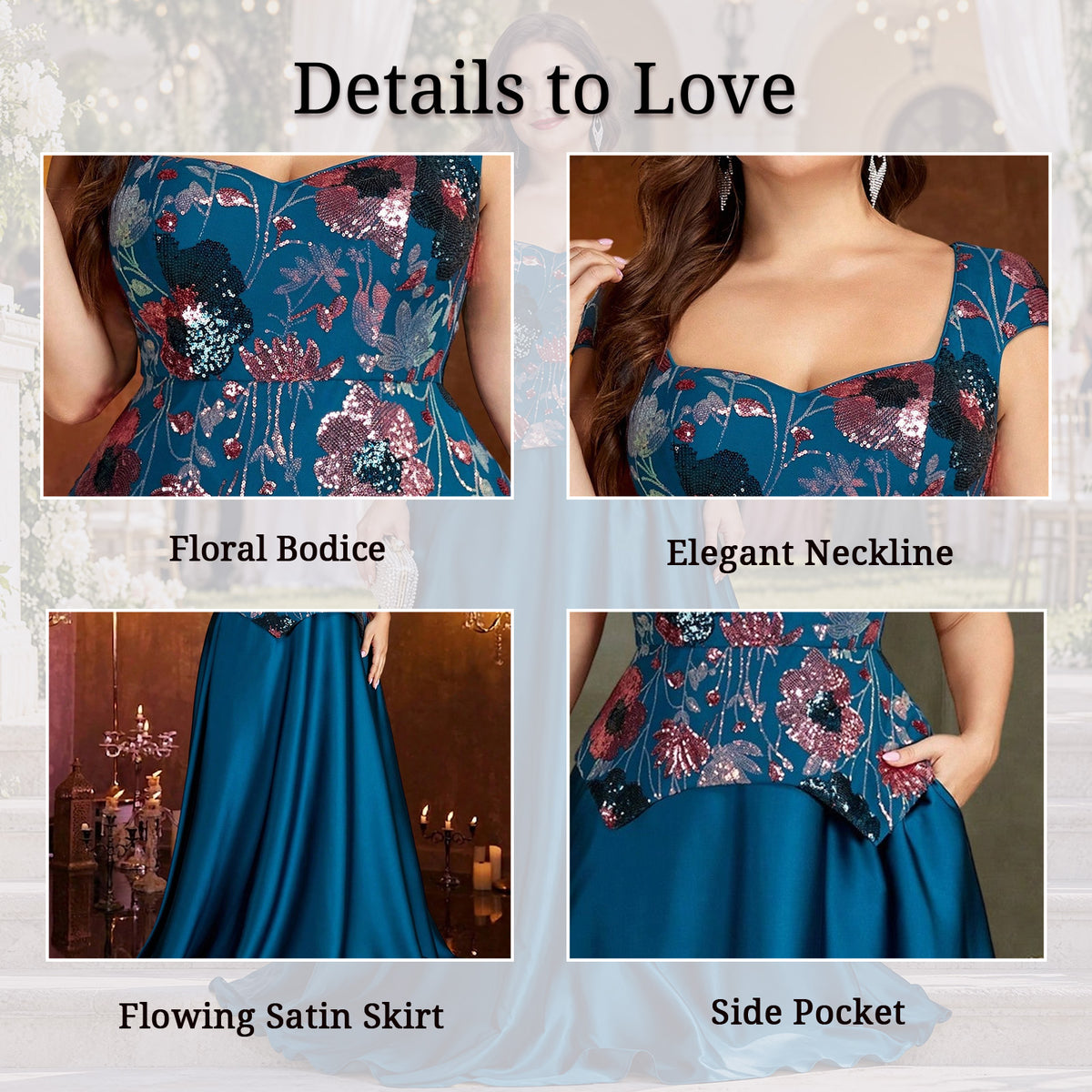 Close-up collage showing colorful floral embroidery, neckline and bodice details of a teal blue evening gown