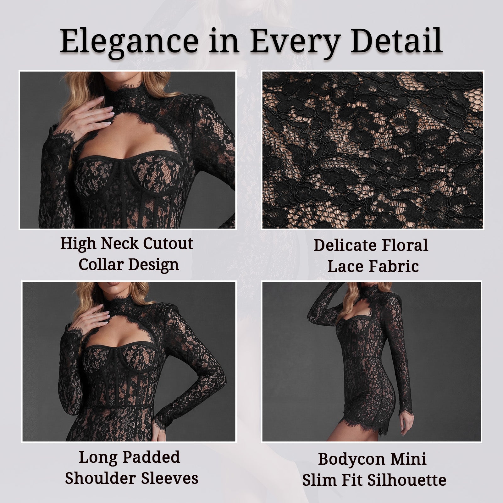 black lace long sleeve corset mini dress for women fabric and detail close-up