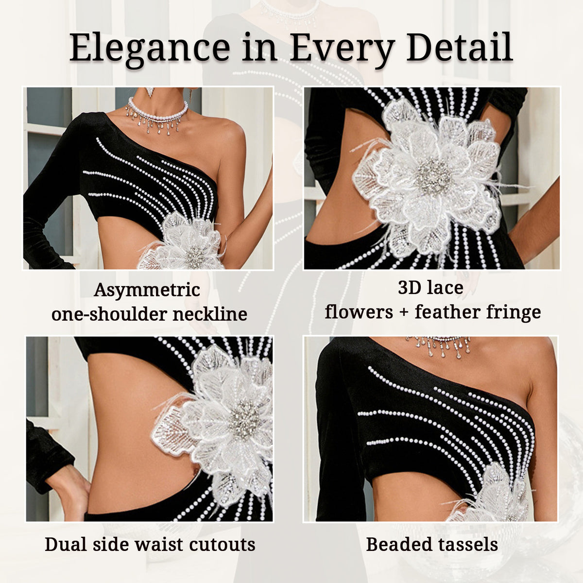 3D Flower Applique and Beaded Stripe Details