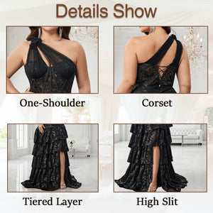 black one-shoulder corset gown for women close-up - one shoulder neckline detail