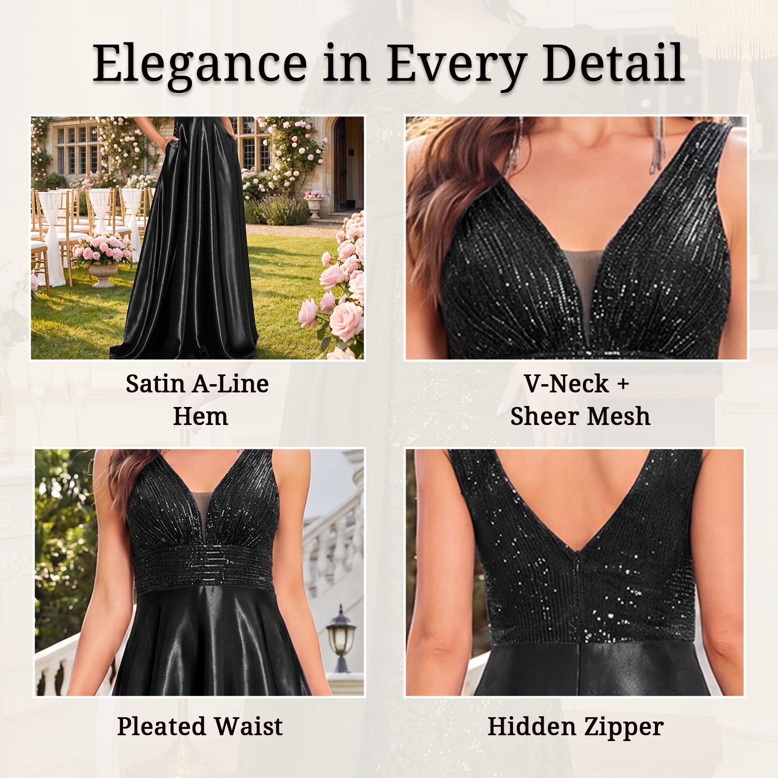 detail shot black sequin embroidered belted evening gown v‑neck backless design