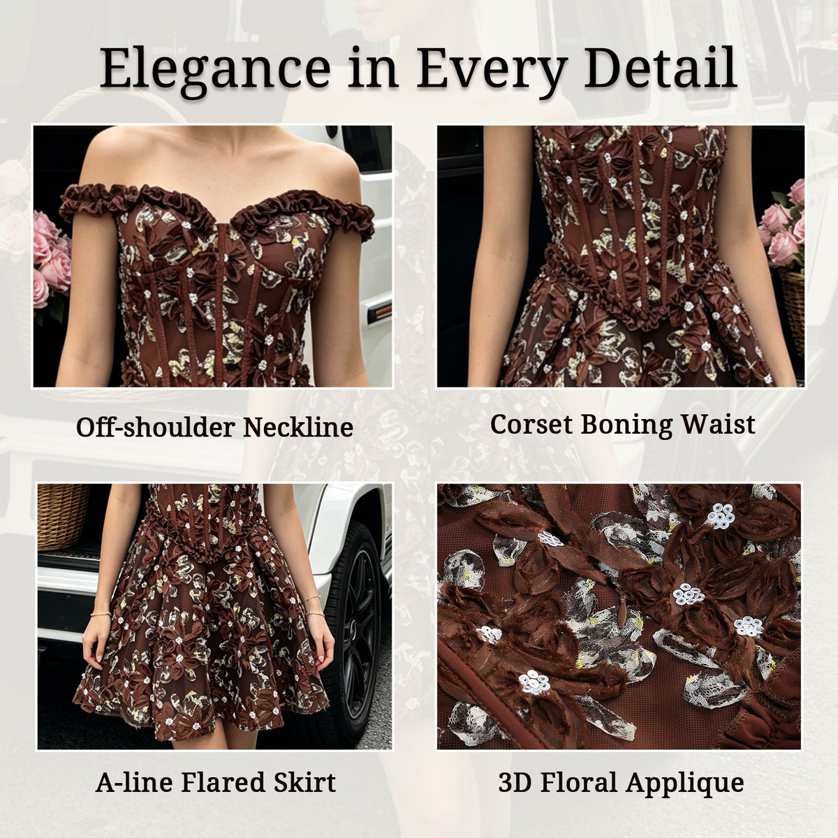 ruffle off-shoulder 3d flower corset mini for women close-up - off shoulder neckline detail