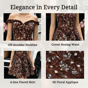 ruffle off-shoulder 3d flower corset mini for women close-up - off shoulder neckline detail
