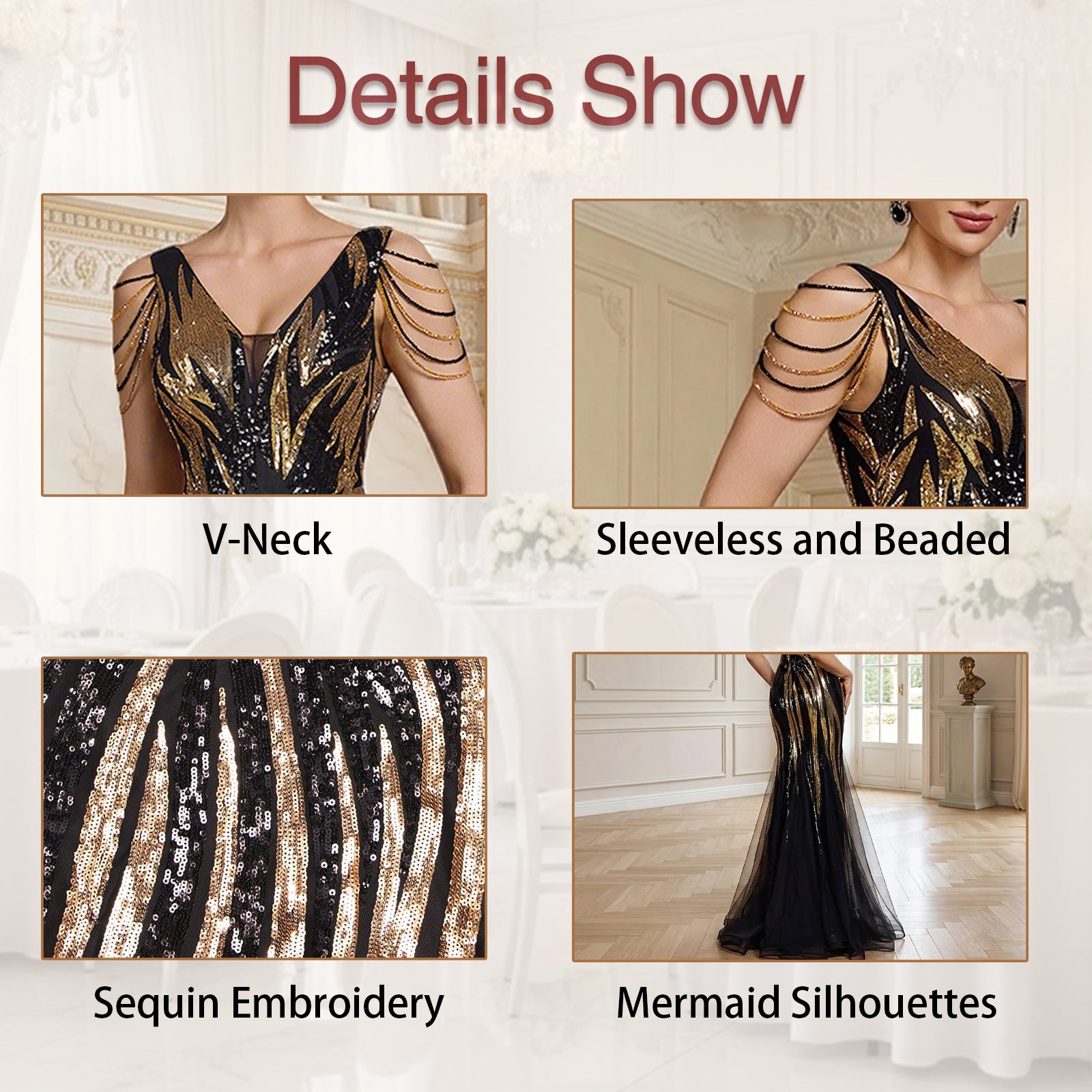 beaded sequin v-neck v-back mermaid gown for women close-up - v neck neckline detail