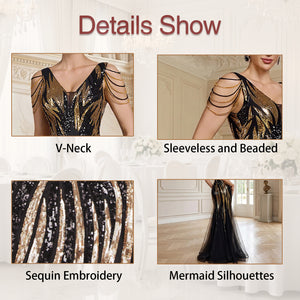 beaded sequin v-neck v-back mermaid gown for women close-up - v neck neckline detail