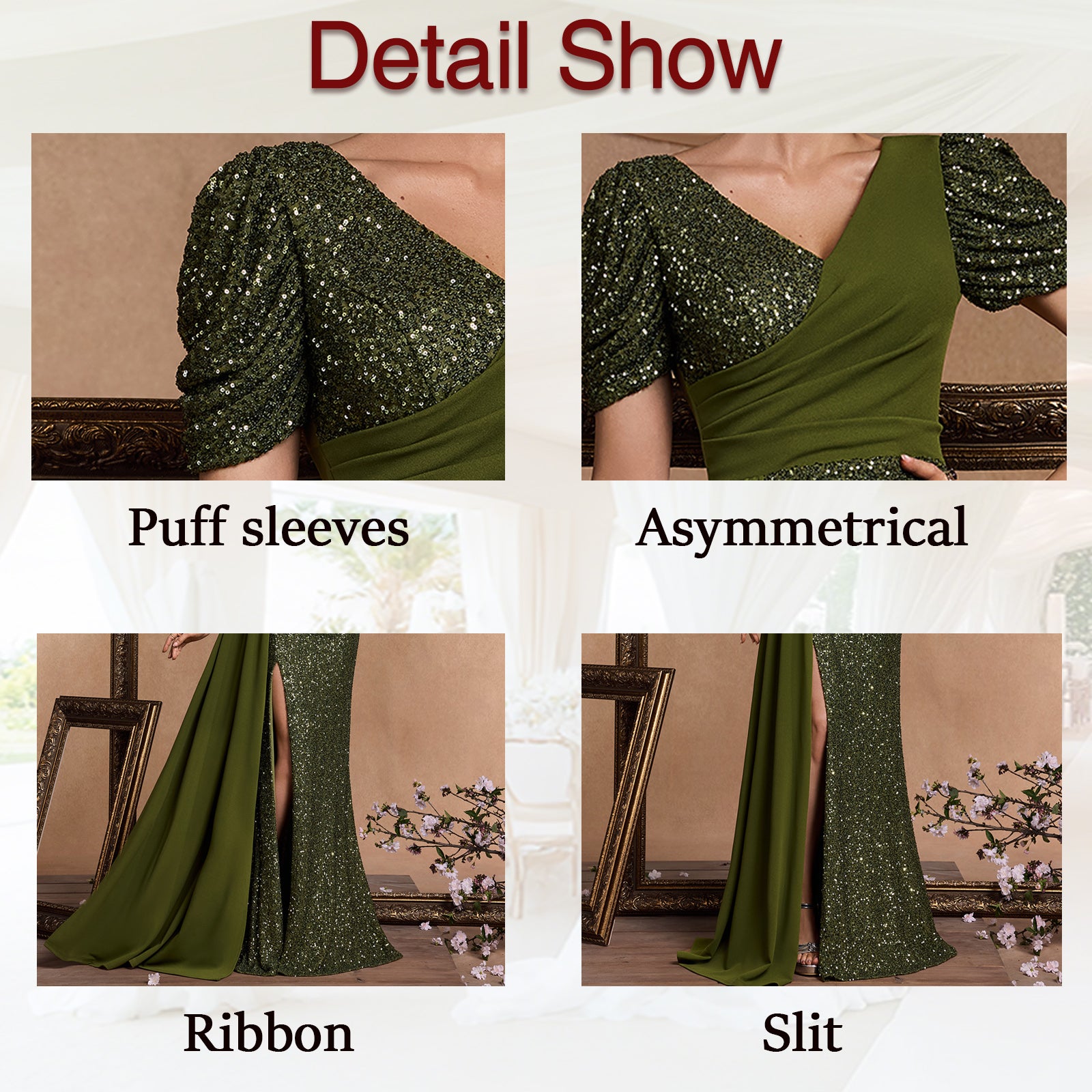 Puff Sleeves, Asymmetrical Wrap Top, Side Ribbon Drape, and Slit Details