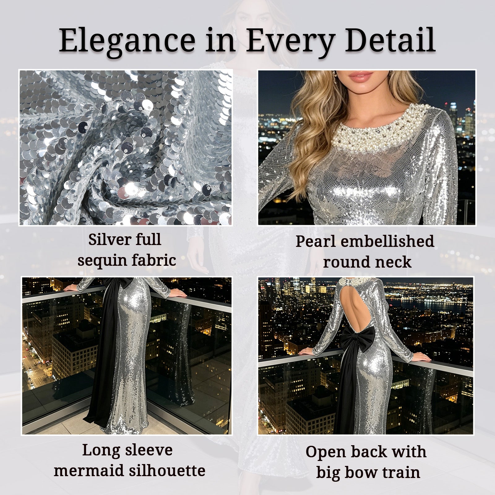 silver sequin pearl beaded mermaid gown for women fabric and detail close-up