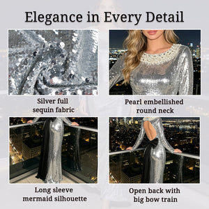 silver sequin pearl beaded mermaid gown for women fabric and detail close-up