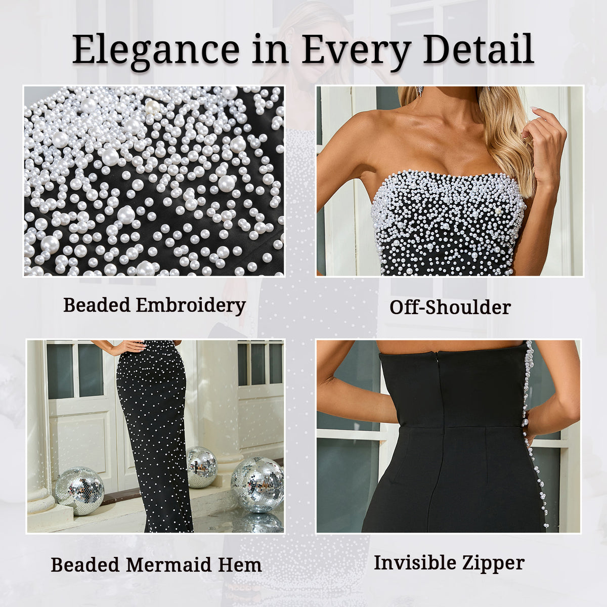 Black strapless evening dress with pearl embellishment details