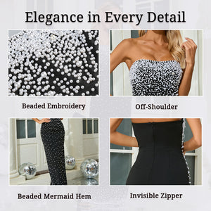 Black strapless evening dress with pearl embellishment details