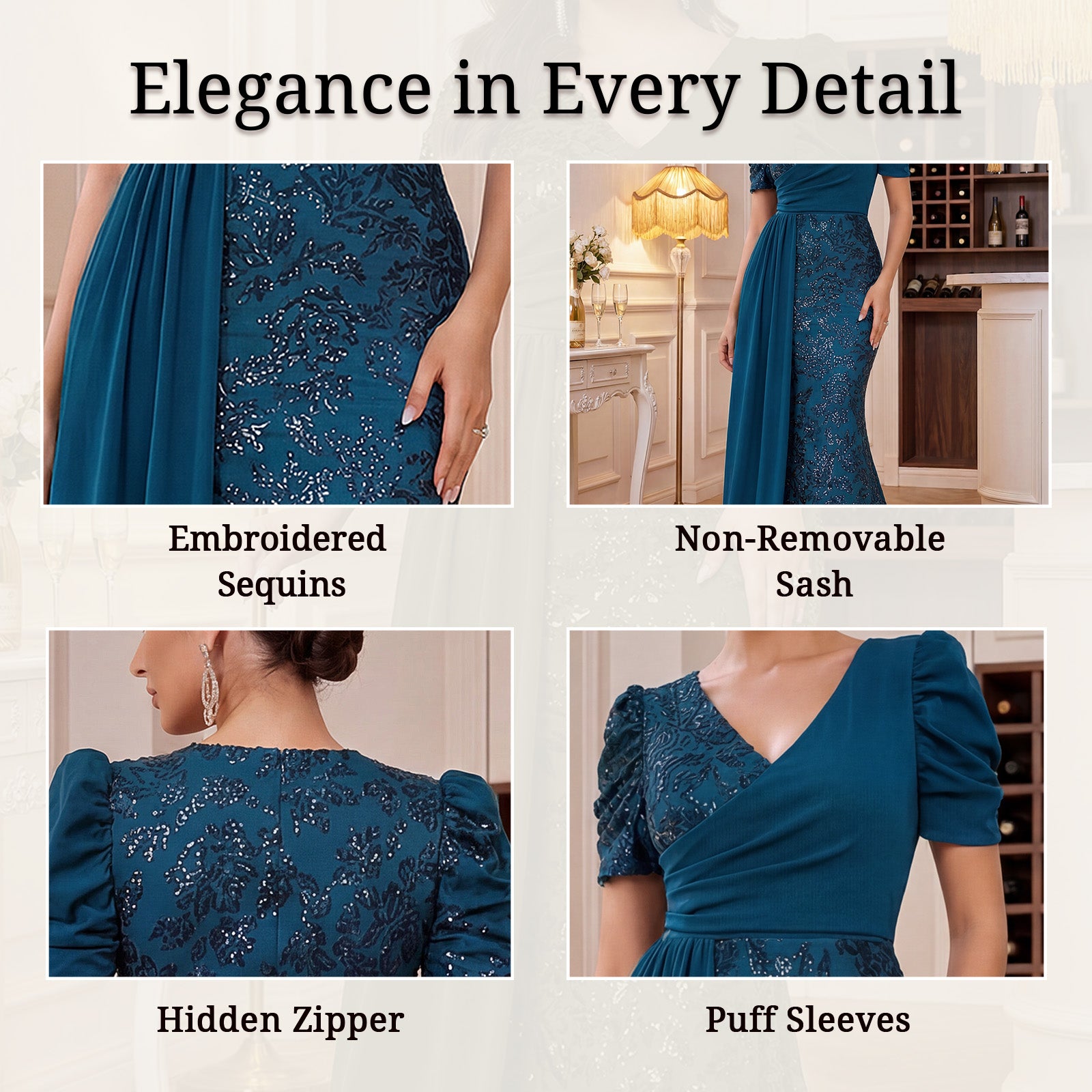Neckline and fabric details of sequin mermaid evening gown