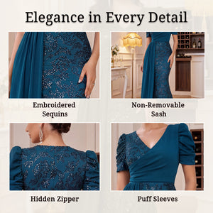 Neckline and fabric details of sequin mermaid evening gown
