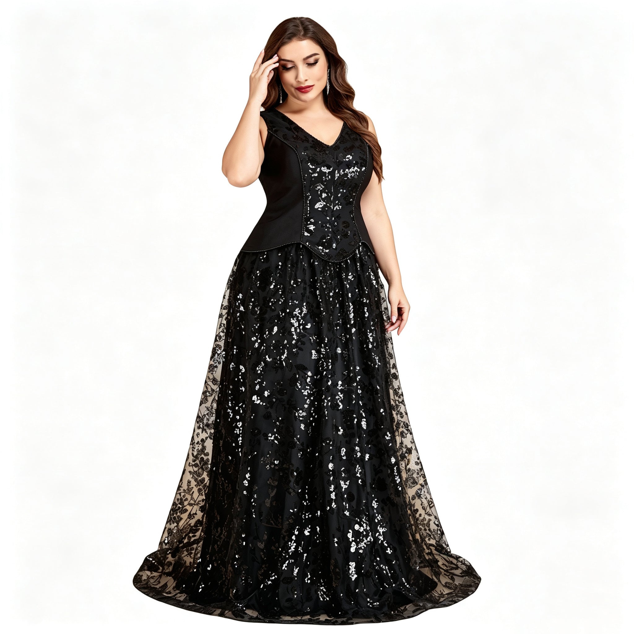 Plus Size Black Sequin Lace Evening Gown Sleeveless V Neck Formal Maxi Dress for Wedding & Gala