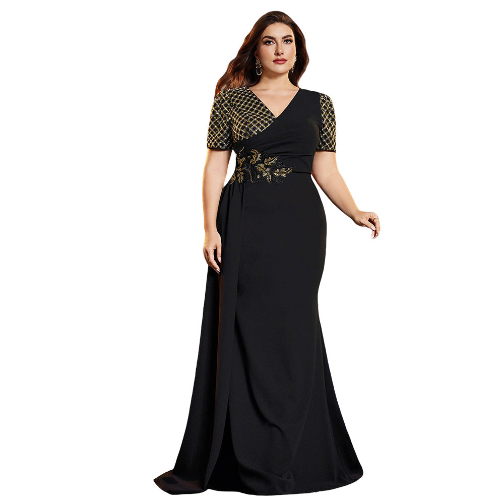 Black Gold Sequin Sleeve Plus Size Mermaid Formal Gown V Neck Slit Evening Dress