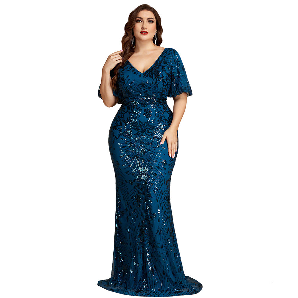 Teal Floral Sequin Plus Size Mermaid Formal Dress V Neck Short Sleeve Floor Length Evening Gown