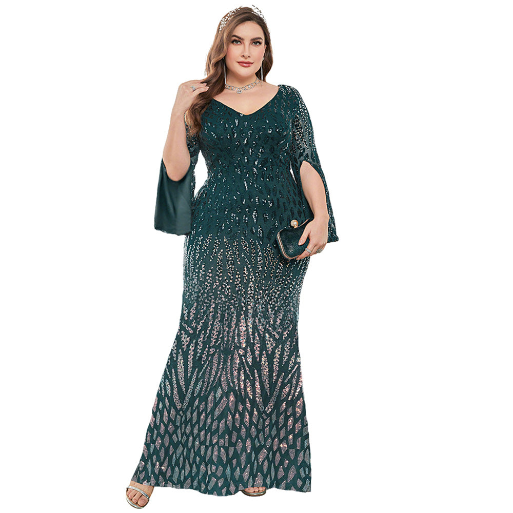 Curvy Fit Sequin Mermaid Formal Dress Split Bell Sleeve V Neck Long Evening Gown