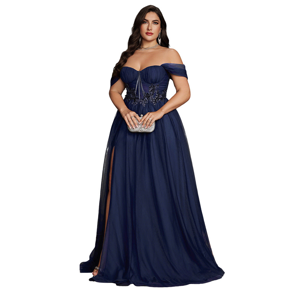 Off Shoulder Plus Size Tulle Evening Dress Teal Hand Beaded Lace High Slit Prom Maxi Gown
